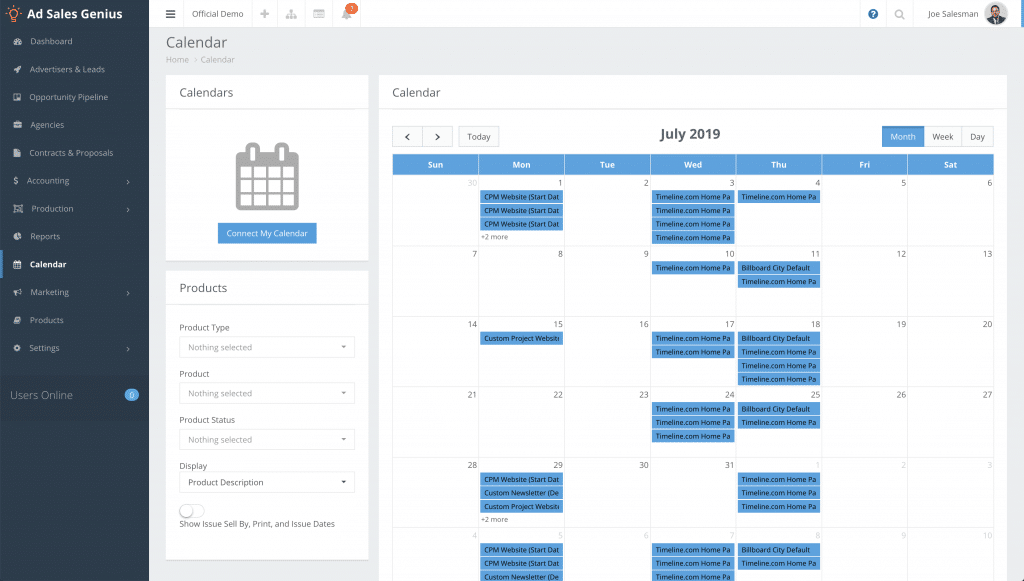 Screenshot of Ad Sales Genius calendar integration