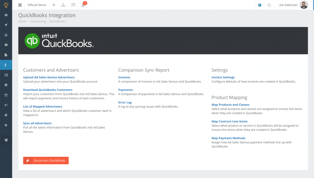 Ad Sales Genius screenshot showing QuickBooks Online integration